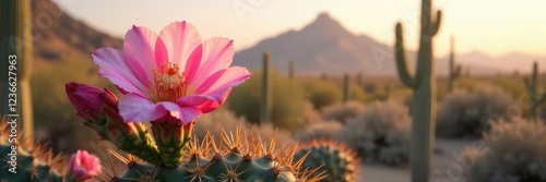 Soft pink cholla cactus flower blooms on a desert branch, Sonoran Desert, cactus, cholla