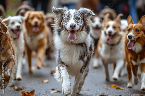 A group of dogs of various breeds running happily together in an open park, with their tongues hanging out and their tails wagging, sunny day with blue sky, action shot. Pets day. photo