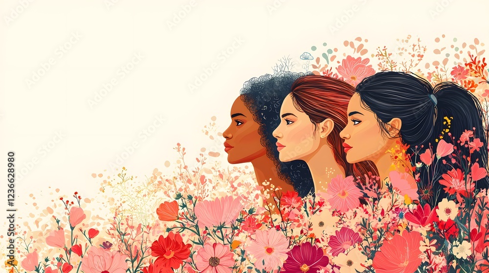 Women united in a vibrant harmony of colors and strength, copy space. Generative AI Women united in a vibrant harmony of colors and strength, copy space. Generative AI