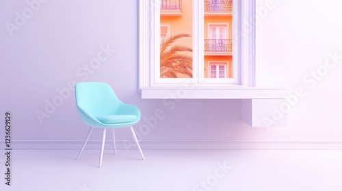 Modern minimalistic room with colorful window view