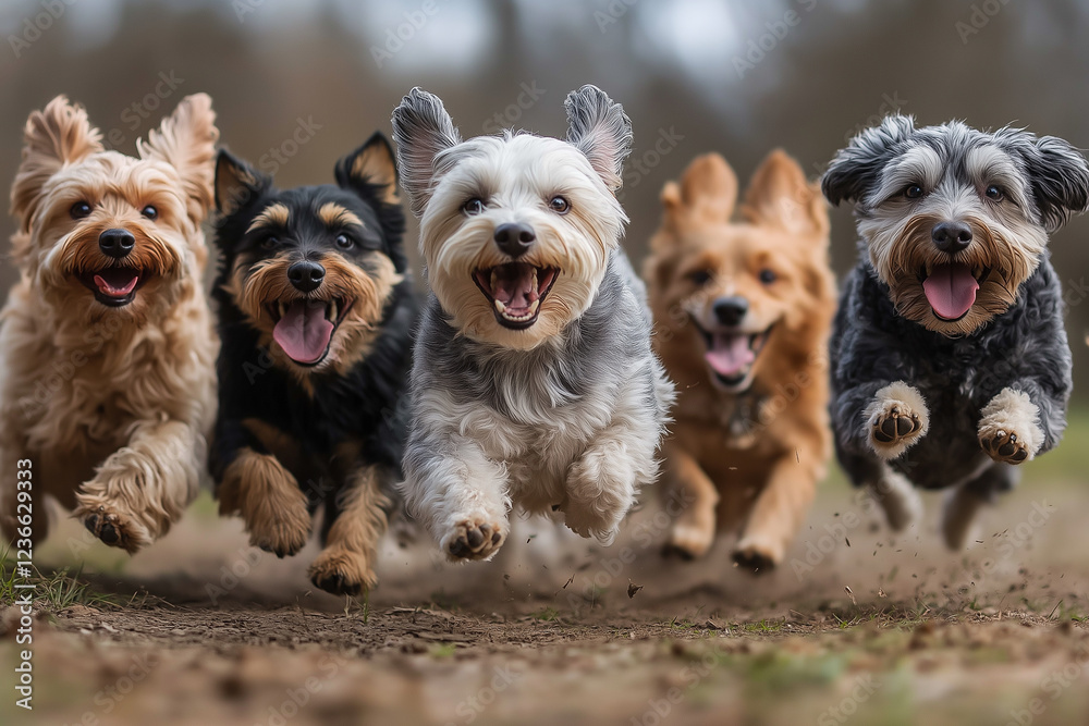 A group of dogs running happily together in an open field, tongues out and tails wagging, sunny day with blue sky, action shot. Pet day. A group of dogs running happily together in an open field, tongues out and tails wagging, sunny day with blue sky, action shot. Pet day.