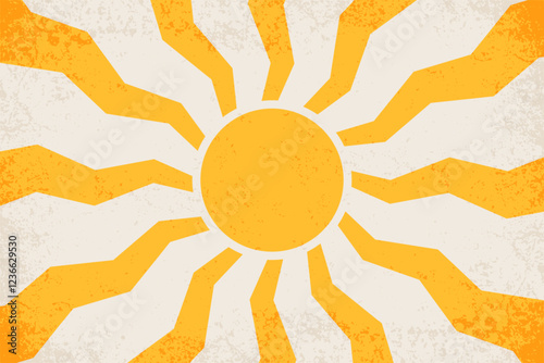 Groovy sun with wavy rays. Retro sunburst abstract background. Vector vintage textured poster. Funky 70s summer illustration.