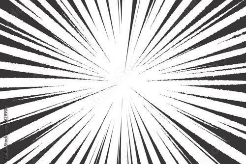 Comic speed lines effect on white background. Manga radial action rays with pattern of textured stripes of light. Anime power of explosion. Perspective abstract design