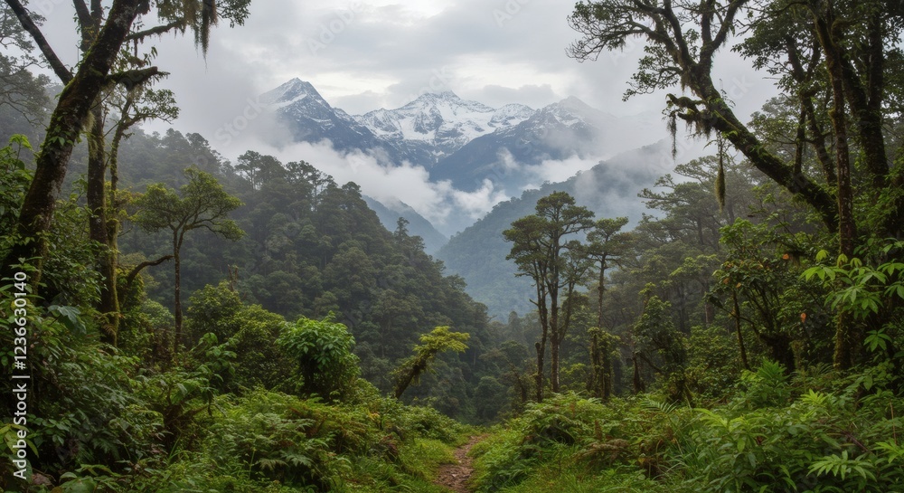 Obraz premium Misty Mountain Rainforest Path Scenic View Landscape