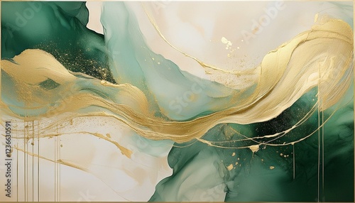 art wall painting beige and green neutral toned and golden splashes
