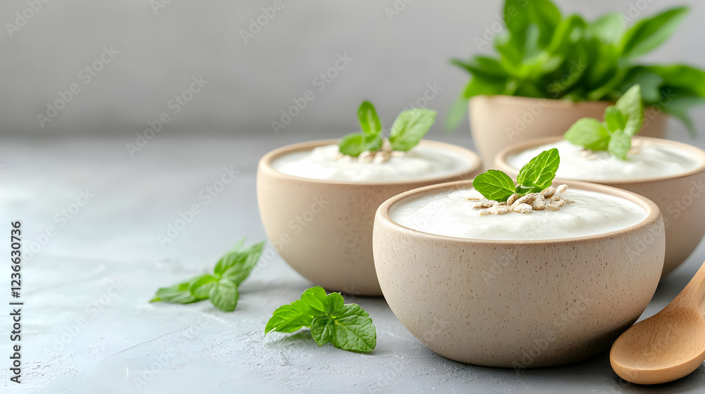 Creamy yogurt bowls with seeds and mint, healthy breakfast Creamy yogurt bowls with seeds and mint, healthy breakfast