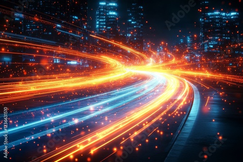 Abstract light speed background with blurred blue, orange, and red lines, symbolizing high-speed data transfer or futuristic transportation. photo