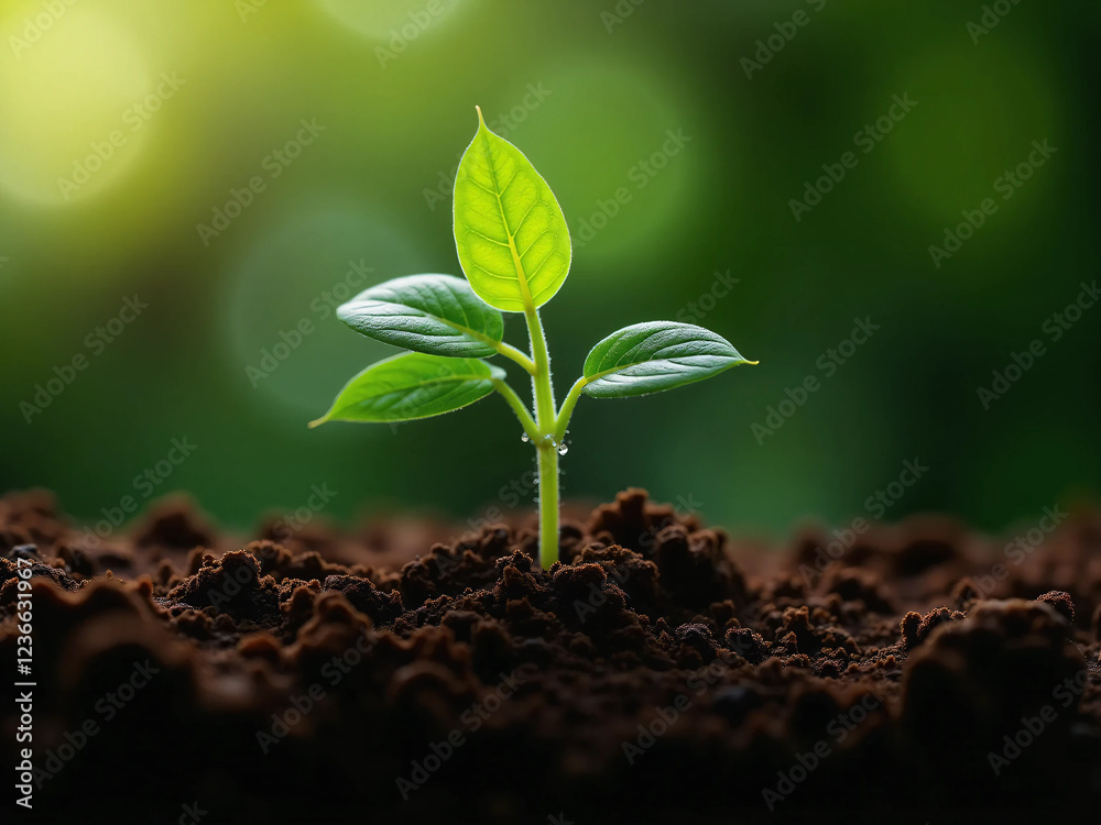 Naklejka premium Young Green Plant Sprouting from Dark Soil with White Flower on Top, Illuminated by Sunlight – Fresh Seedling with Vibrant Leaves in Natural Environment, Symbolizing Growth, Renewal, and Vitality