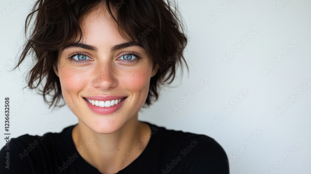 Fototapeta premium Bright Smile and Expressive Eyes of a Young Woman Against a Neutral Background Captured in a Joyful Moment, Showcasing Natural Beauty and Confidence