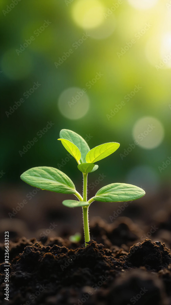 Young Green Plant Sprouting from Dark Soil with White Flower on Top, Illuminated by Sunlight – Fresh Seedling with Vibrant Leaves in Natural Environment, Symbolizing Growth, Renewal, and Vitality Young Green Plant Sprouting from Dark Soil with White Flower on Top, Illuminated by Sunlight – Fresh Seedling with Vibrant Leaves in Natural Environment, Symbolizing Growth, Renewal, and Vitality