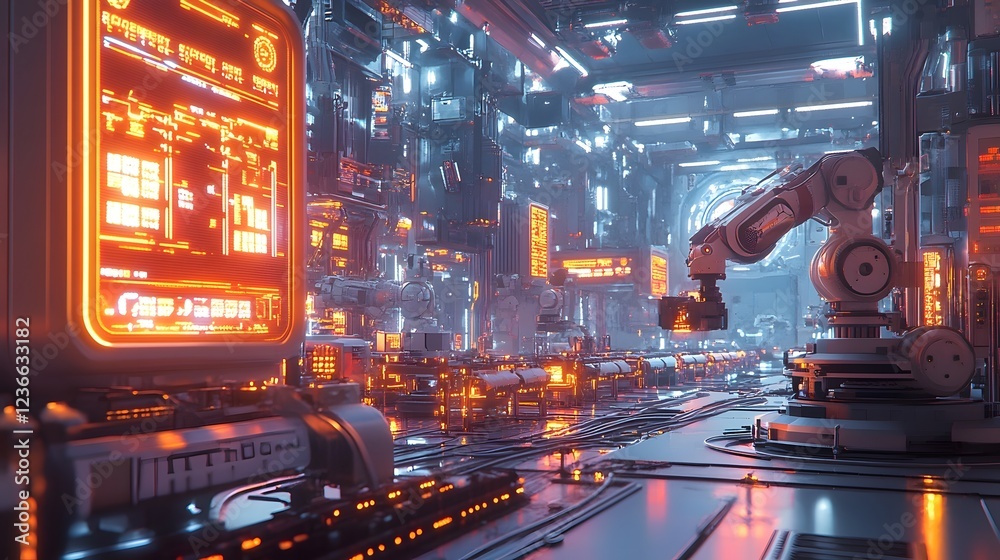 Robotic Arm Automates Futuristic Factory Production with Digital Monitoring Robotic Arm Automates Futuristic Factory Production with Digital Monitoring