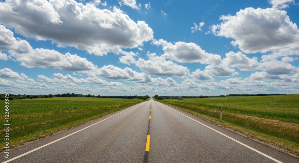 Scenic Open Road Summer Landscape with Blue Sky and Clouds Scenic Open Road Summer Landscape with Blue Sky and Clouds