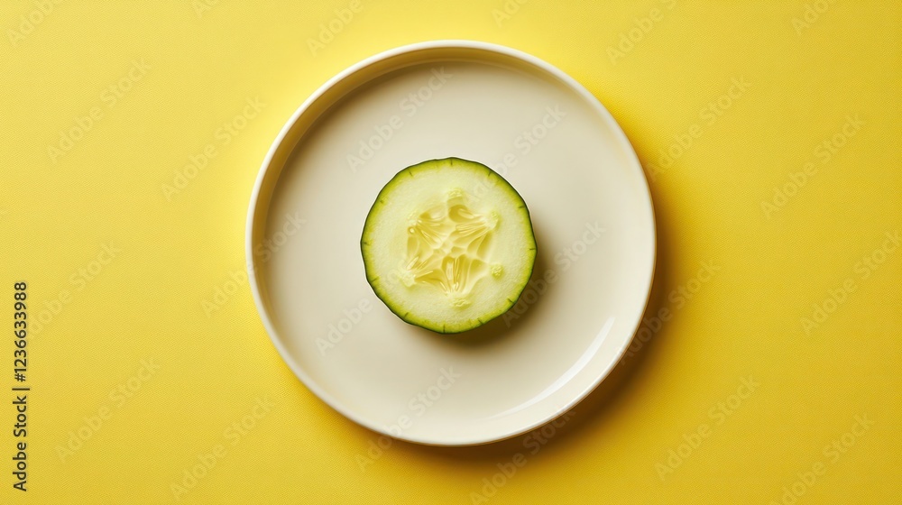 Single cucumber slice on a cream-colored plate, top-down view against a bright yellow background. Single cucumber slice on a cream-colored plate, top-down view against a bright yellow background.