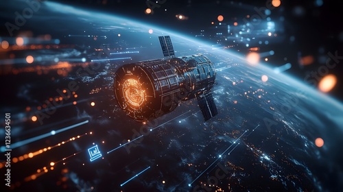 Satellite Orbiting Earth with Digital Connections and Signals Enabling Space and Communication Systems