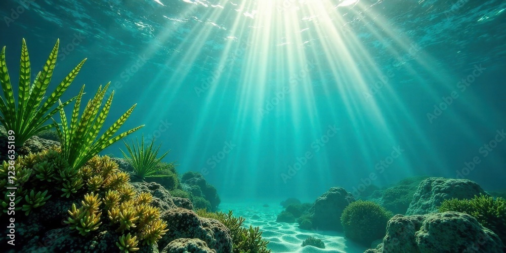 Naklejka premium Sunbeams Illuminate Vibrant Underwater Seascape Featuring Lush Aquatic Plants and Coral Reefs