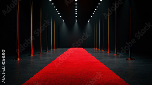 Vibrant Red Carpet Hallway With Golden Pillars Creating an Elegant Entrance for a Special Event