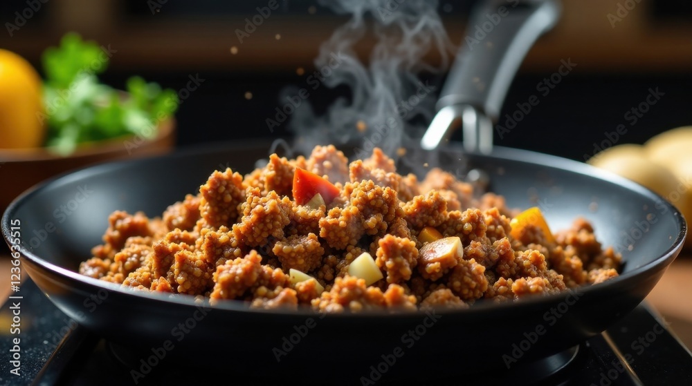 Savory Grain Medley Simmering in a Dark Pan with Aromatic Steam Rising Savory Grain Medley Simmering in a Dark Pan with Aromatic Steam Rising