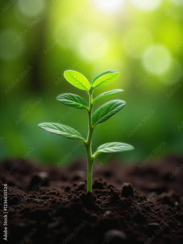 Fototapeta premium Young Green Plant Sprouting from Dark Soil with White Flower on Top, Illuminated by Sunlight – Fresh Seedling with Vibrant Leaves in Natural Environment, Symbolizing Growth, Renewal, and Vitality