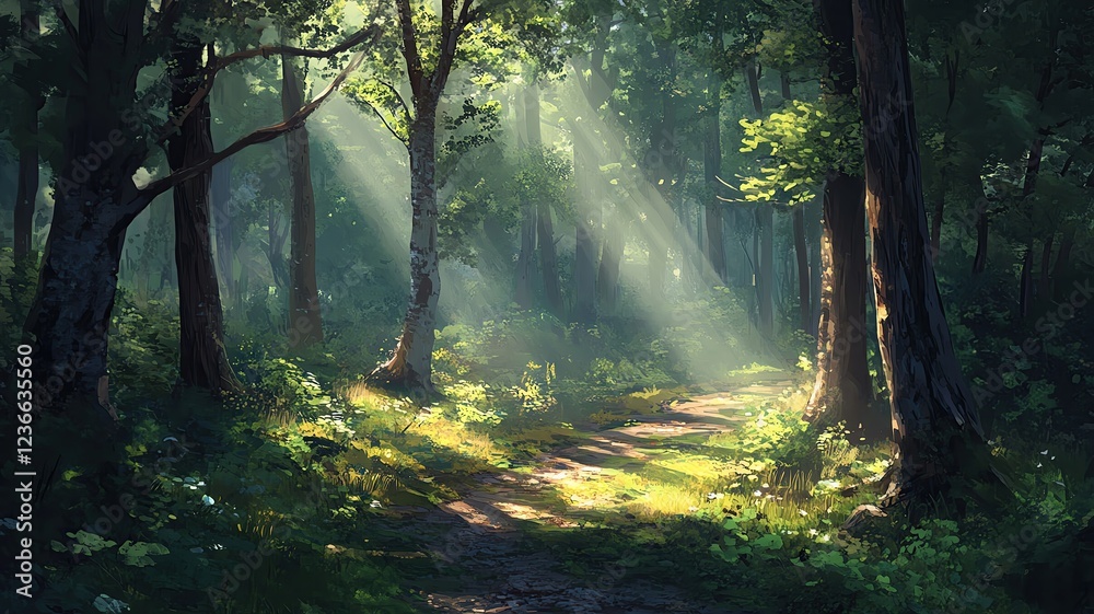 Naklejka premium Serene forest path with dappled sunlight.