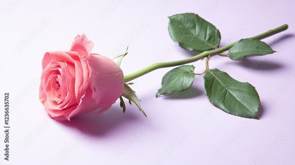 Fototapeta premium Delicate Pink Rose with Soft Petals and Green Leaves on a Light Purple Background for Elegant Floral Design and Romantic Themes