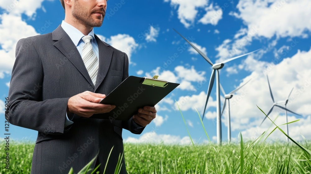 Businessman evaluates renewable energy project amid wind turbines on a clear day in an open field Businessman evaluates renewable energy project amid wind turbines on a clear day in an open field