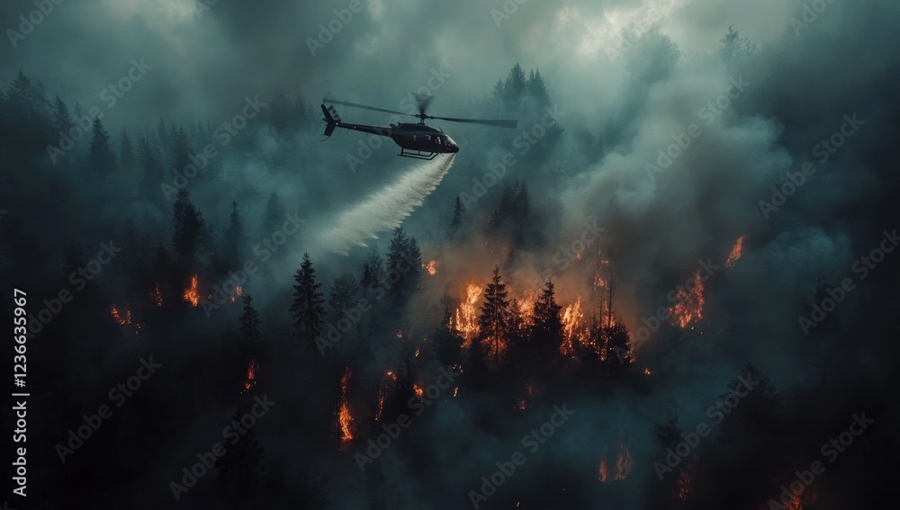 Fototapeta premium Aerial view of a helicopter fighting a forest fire, dark and dramatic scene, intense fire, smoke and flames.