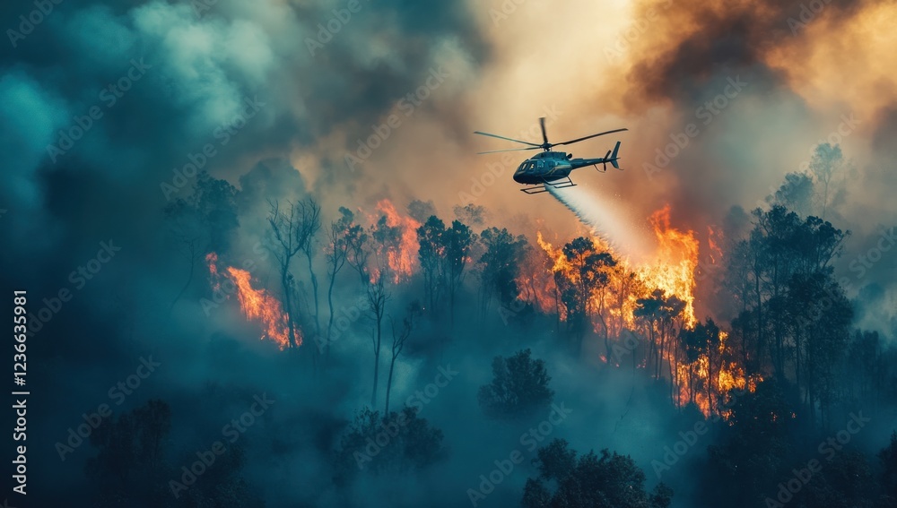 Naklejka premium Aerial firefighting operation during a raging forest fire, showcasing the helicopter battling the blaze amidst a smoky, fiery landscape.