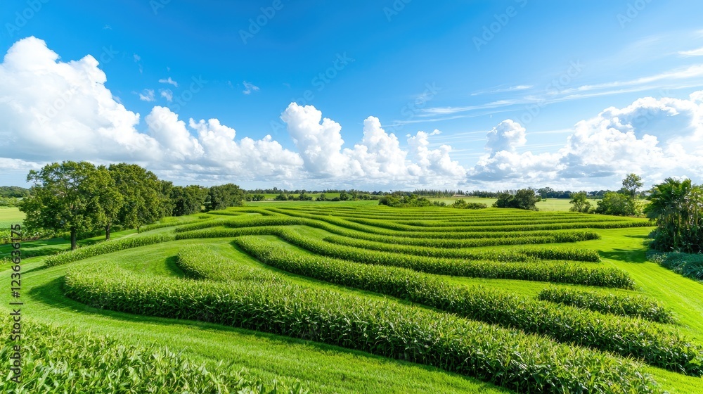 Lush green cornfield landscape under sunny sky Lush green cornfield landscape under sunny sky