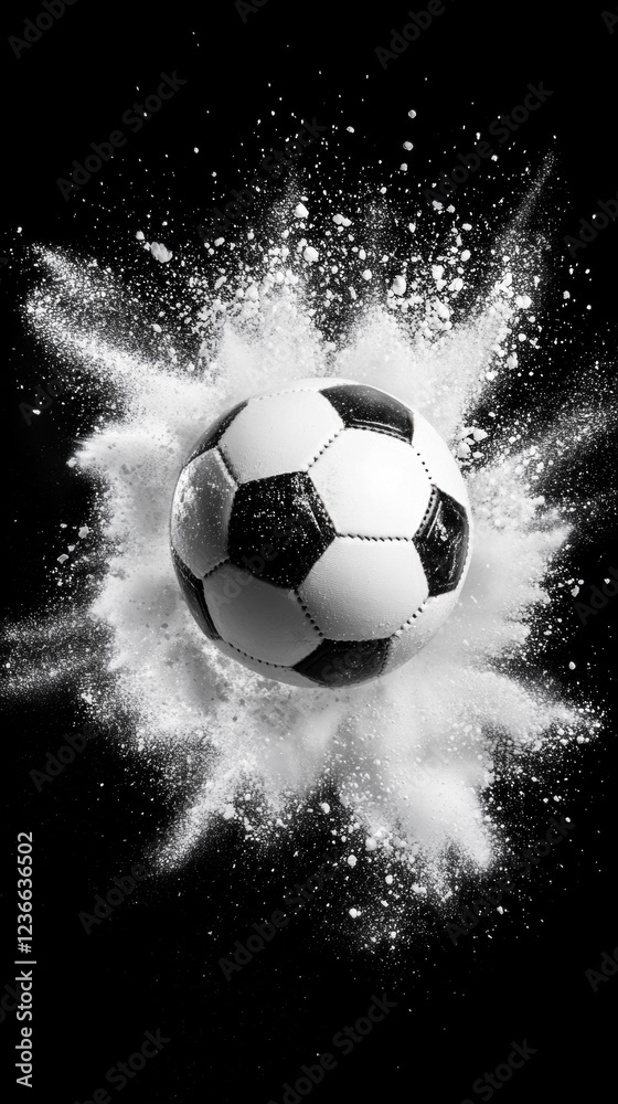 Naklejka premium Dynamic soccer ball impact with white powder explosion on black background