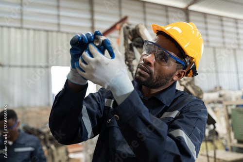 African American male engineer inspecting quality of parts of lathe machine in the industry factory. Male worker checking spare parts of machine