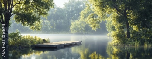 Tranquil lakeside scene with lush greenery