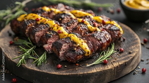 Sliced grilled steak with mustard sauce on a wooden board.