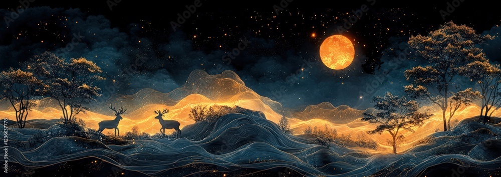 Enchanted Night Landscape with Deer and Moonlight Enchanted Night Landscape with Deer and Moonlight
