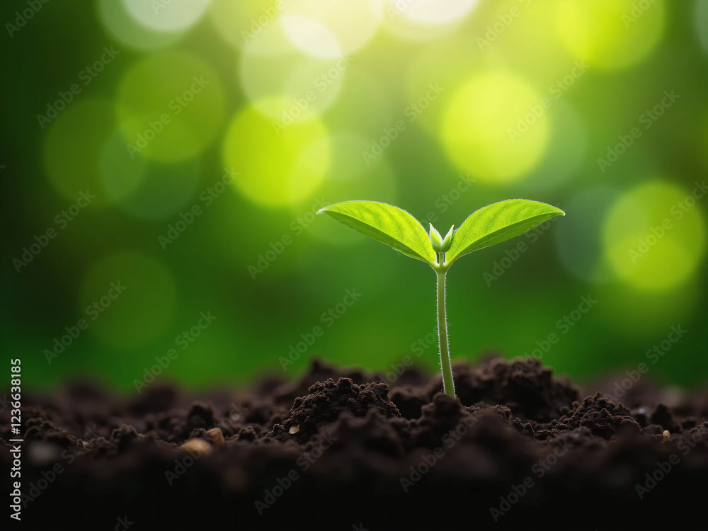 Naklejka premium Young Green Plant Sprouting from Dark Soil with White Flower on Top, Illuminated by Sunlight – Fresh Seedling with Vibrant Leaves in Natural Environment, Symbolizing Growth, Renewal, and Vitality