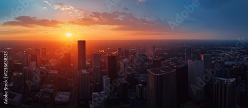 Sunset over Houston Skyline: Aerial View of Cityscape at Golden Hour