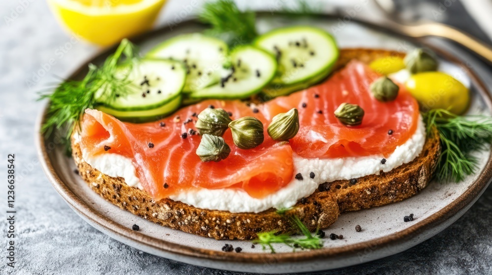 Smoked salmon, cream cheese, cucumber, capers, and dill toast. Smoked salmon, cream cheese, cucumber, capers, and dill toast.