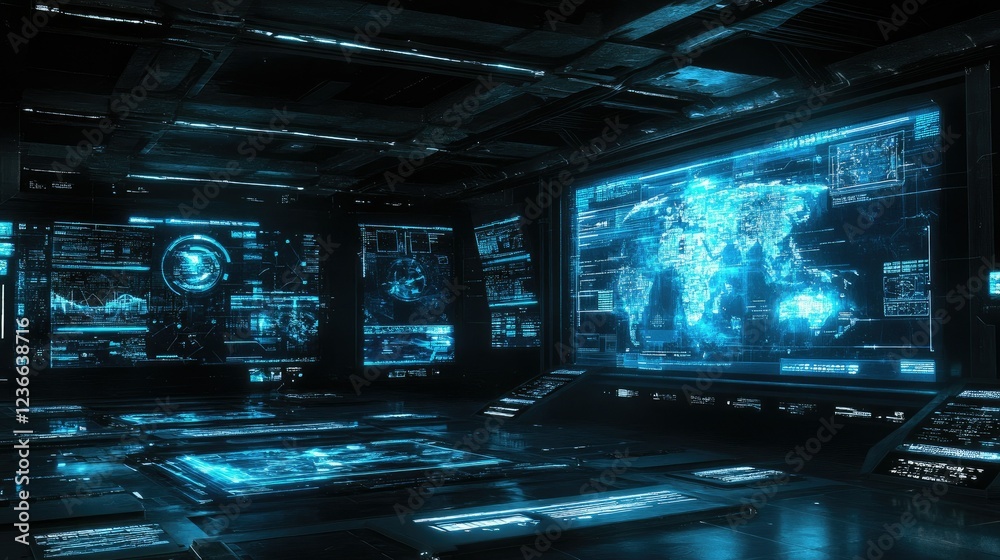 Obraz premium Floating holographic interfaces in a dark room