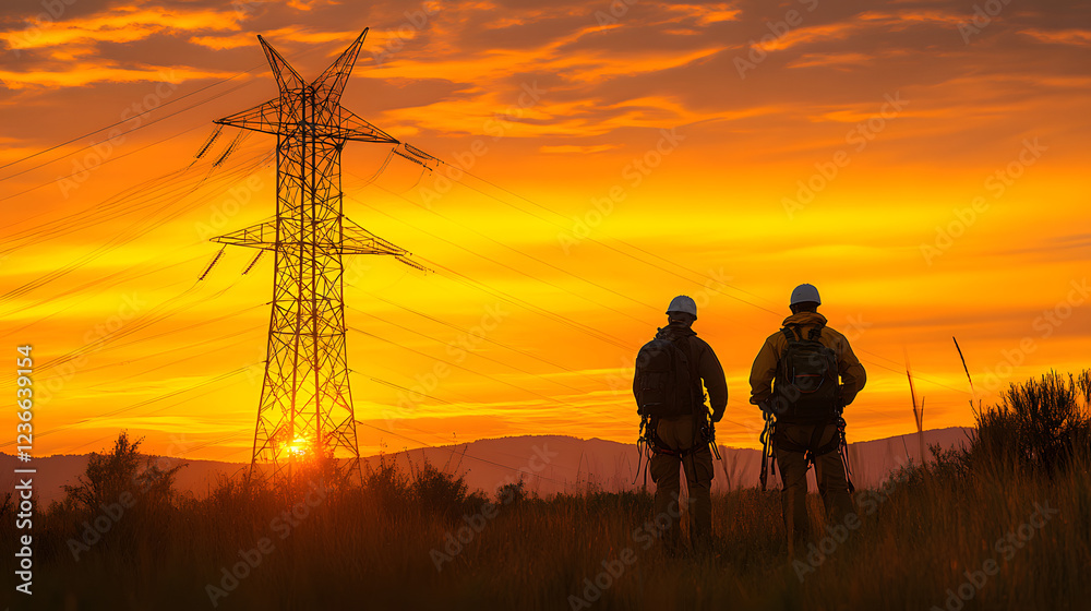 Two utility workers standing in a grassy field during sunset, inspecting power lines near a tall electricity pylon under a vibrant orange sky Two utility workers standing in a grassy field during sunset, inspecting power lines near a tall electricity pylon under a vibrant orange sky