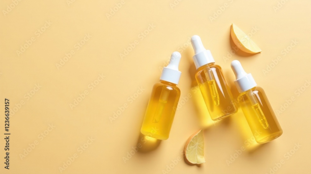 Amber glass bottles with dropper tops, filled with golden liquid, and citrus slices on a pale yellow background Amber glass bottles with dropper tops, filled with golden liquid, and citrus slices on a pale yellow background