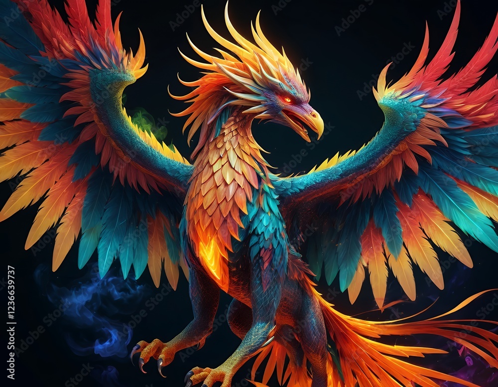 Obraz premium Vibrant Phoenix Digital Art Colorful Wings Fantasy Bird