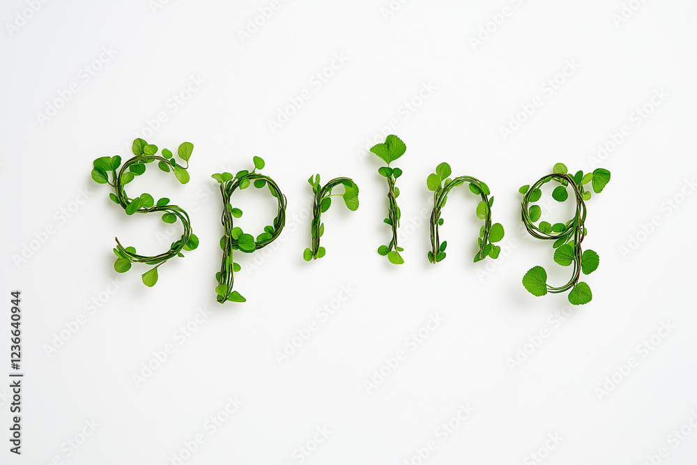 Spring word forming made from green leaves and branch isolated on white background. Spring word forming made from green leaves and branch isolated on white background.