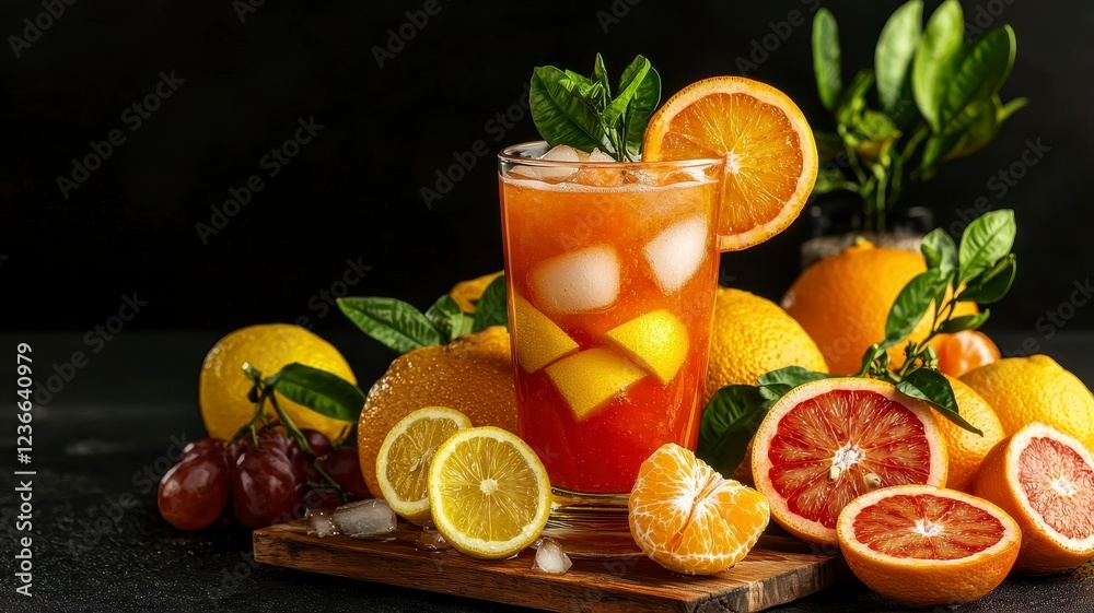 Fototapeta premium Wellness food superfood immune concept. A vibrant glass of citrus drink surrounded by fresh oranges, lemons, and mint, perfect for a refreshing summer treat.