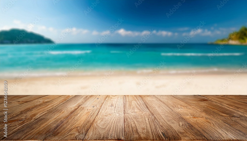 Fototapeta premium Empty rustic wooden table on blur background of beautiful beach for mockup summer product display or travel ad. Picnic table with customizable space on table-top for editing.