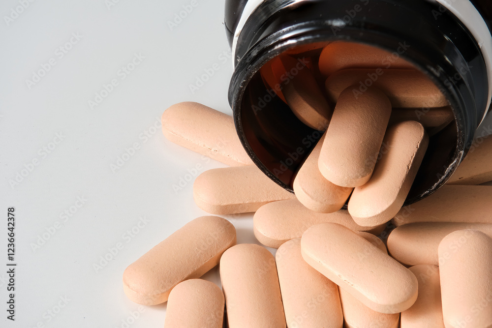 Macrophotography of pink oblong pills spilling from a dark bottle on a white surface