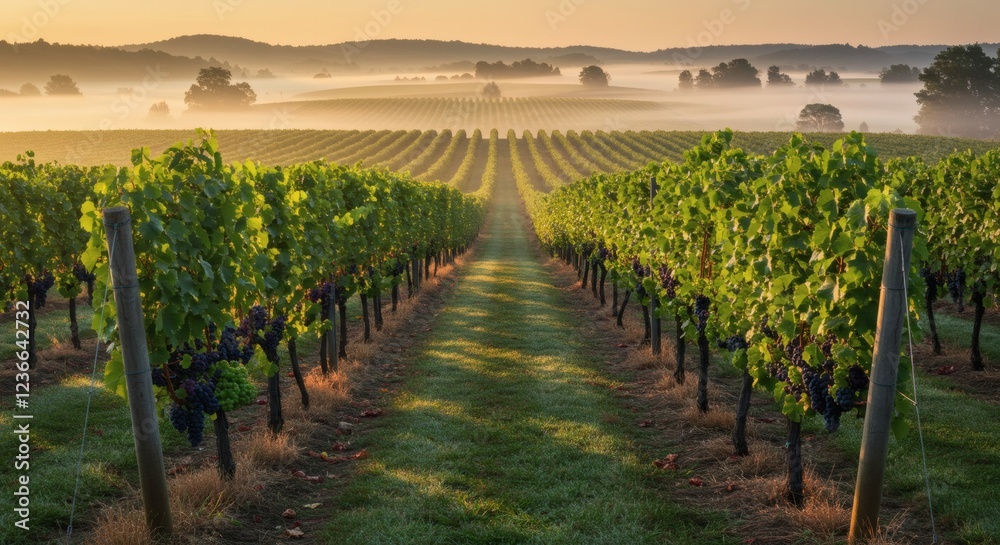 Naklejka premium Sunrise Vineyard Rows Misty Morning Landscape Photography