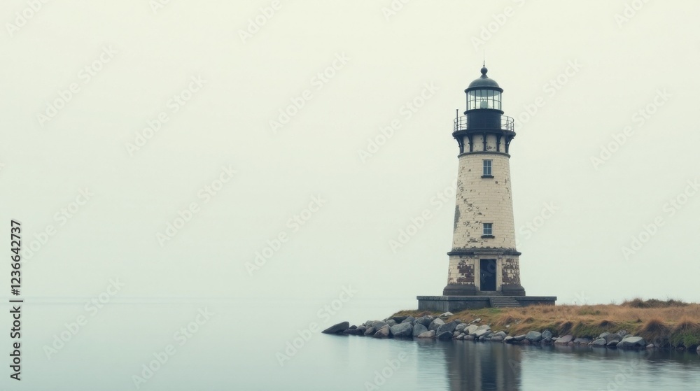 Solitary Lighthouse on a Misty Shore, a Beacon of Hope in the Distant Horizon Solitary Lighthouse on a Misty Shore, a Beacon of Hope in the Distant Horizon