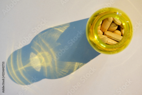 Yellow translucent plastic bottle full of oblong pills casting a shadow on a white surface
