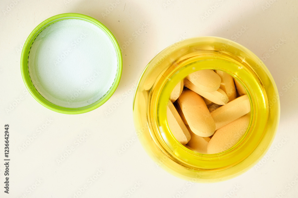 Yellow plastic bottle containing oblong pills with its green cap and foil seal removed, signifying health, wellness, or medical treatment