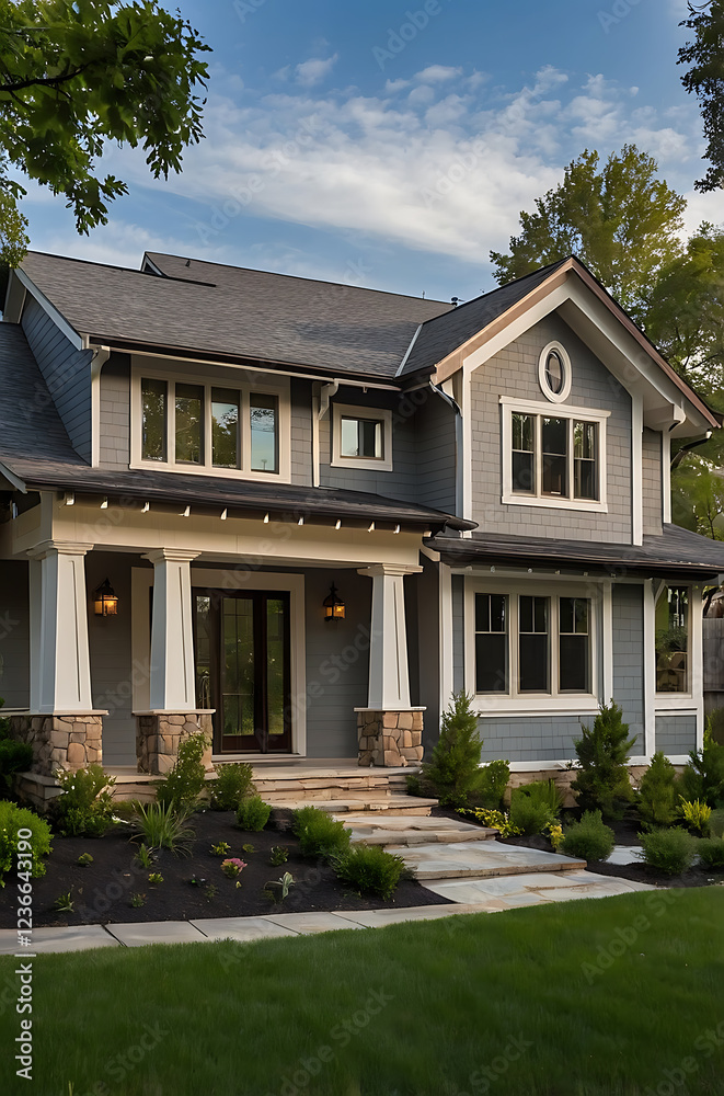 Fototapeta premium Stunning Modern Gray House Exterior with Stone Accents and Landscaped Grounds