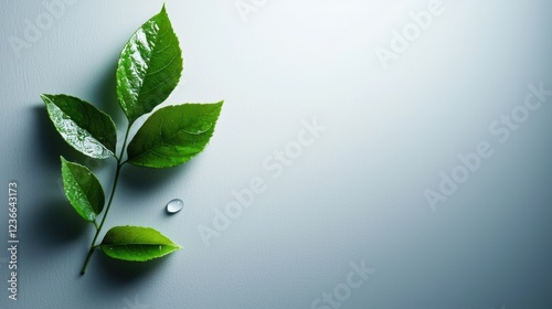 A fresh green leaf with a dewdrop on a minimalist grey background, symbolizing nature and purity. Ideal for eco-friendly themes.